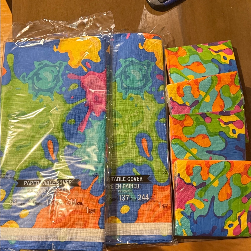 Two Colorful Paint Splash Paper Table Covers & 4 Packs of Napkins